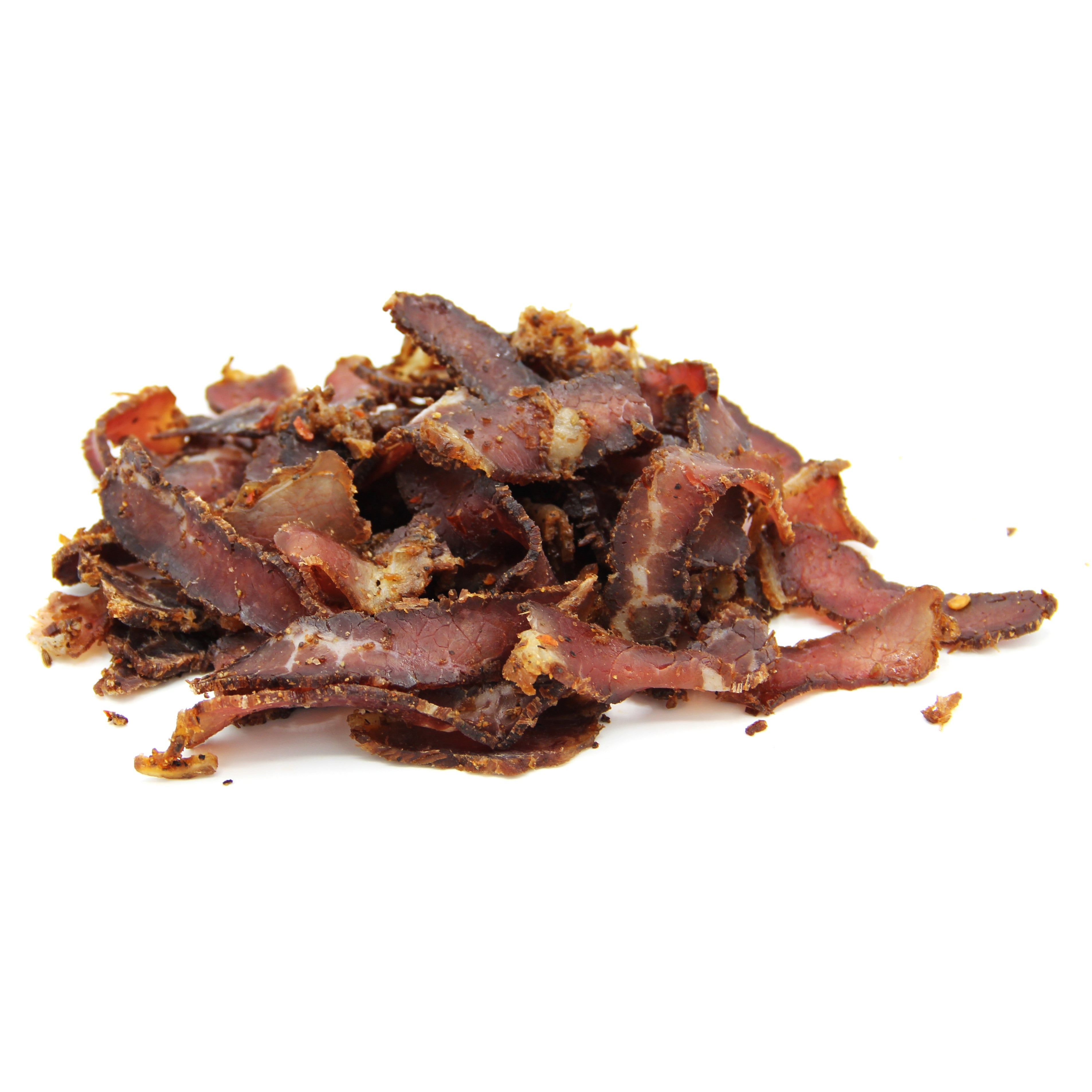 Bearded Butcher with fat beef biltong high protein meat snack clean ingredients out of bag