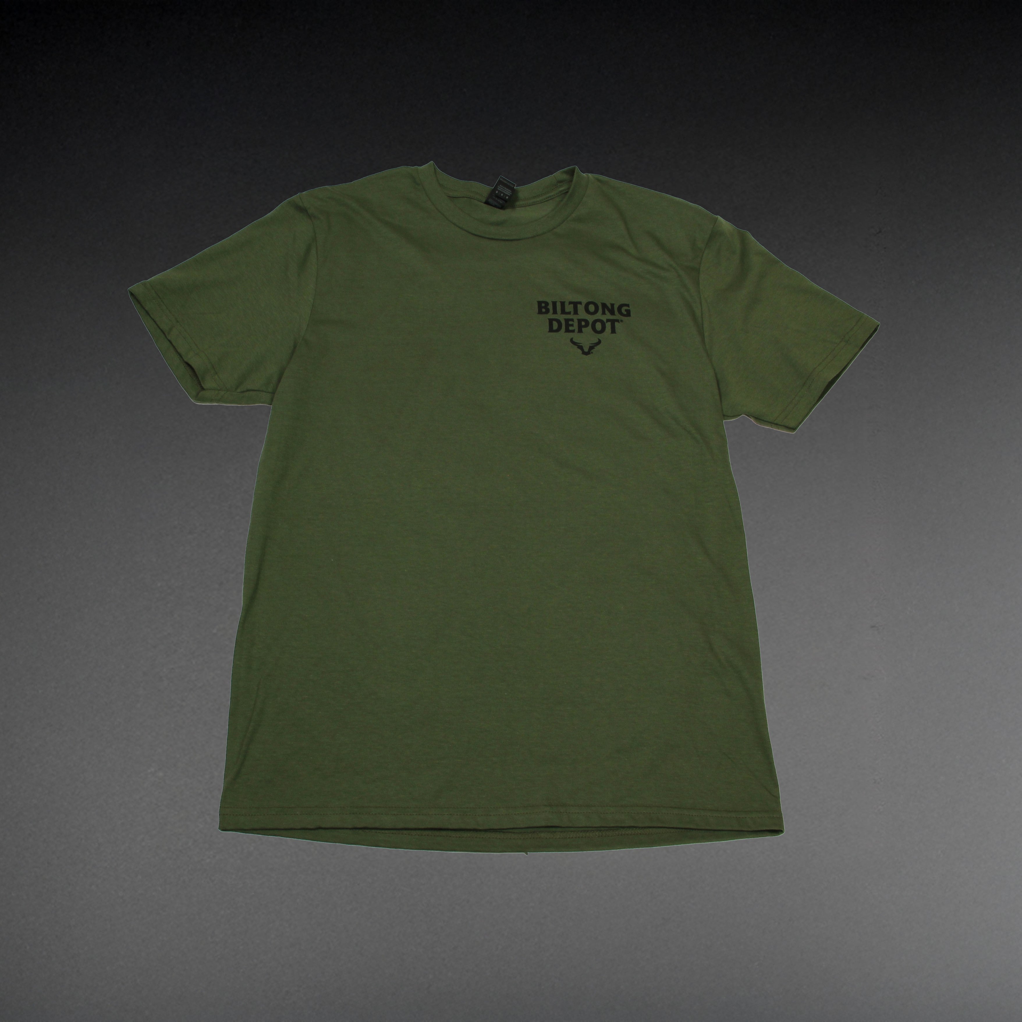 green cotton gildan softsyle tshirt with biltong depot and steer on front