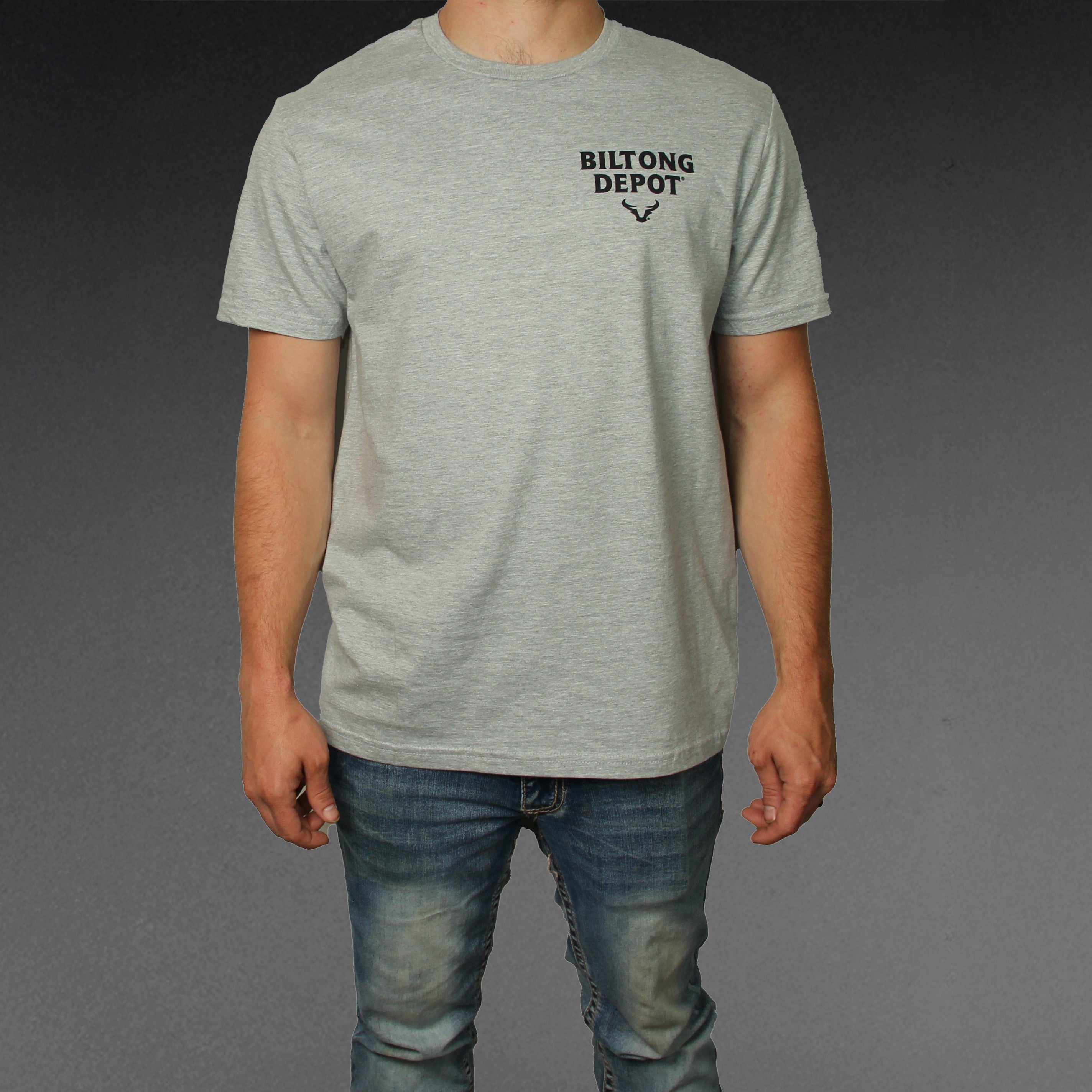 grey cotton gildan softsyle tshirt with biltong depot logo on front with steer