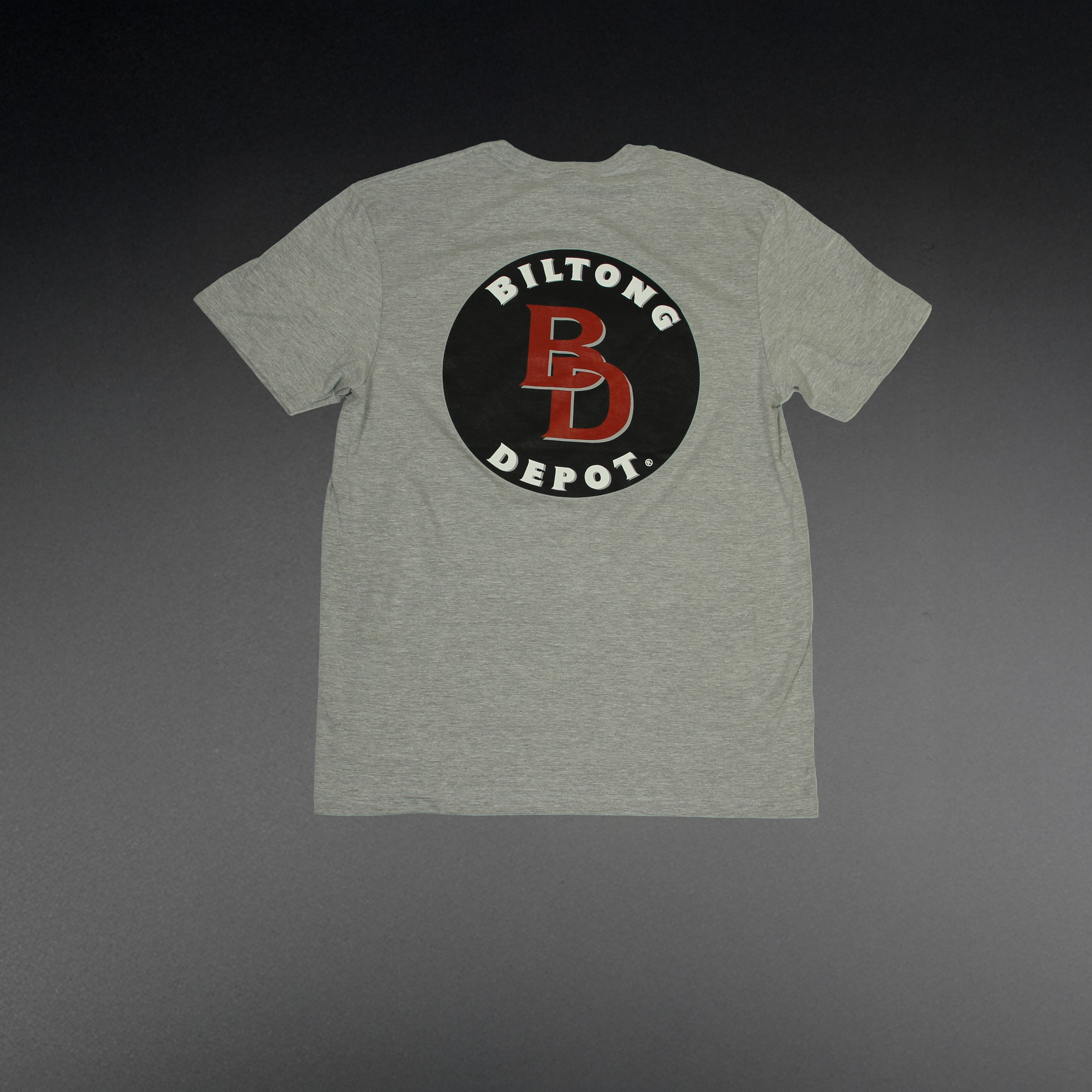 grey cotton gildan soft style t-shirt with black biltong depot badge logo