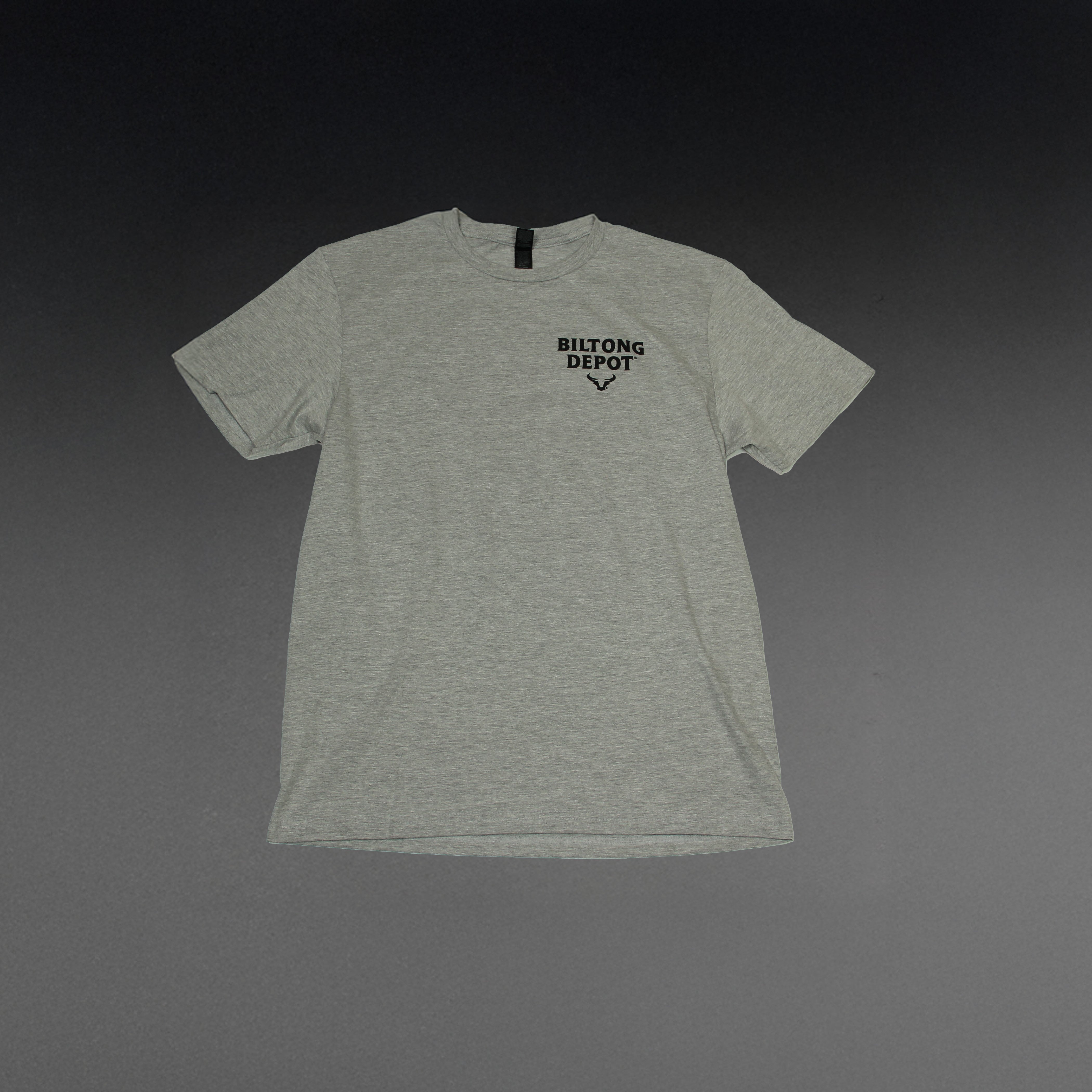 grey cotton gildan softsyle tshirt with biltong depot logo on front with steer