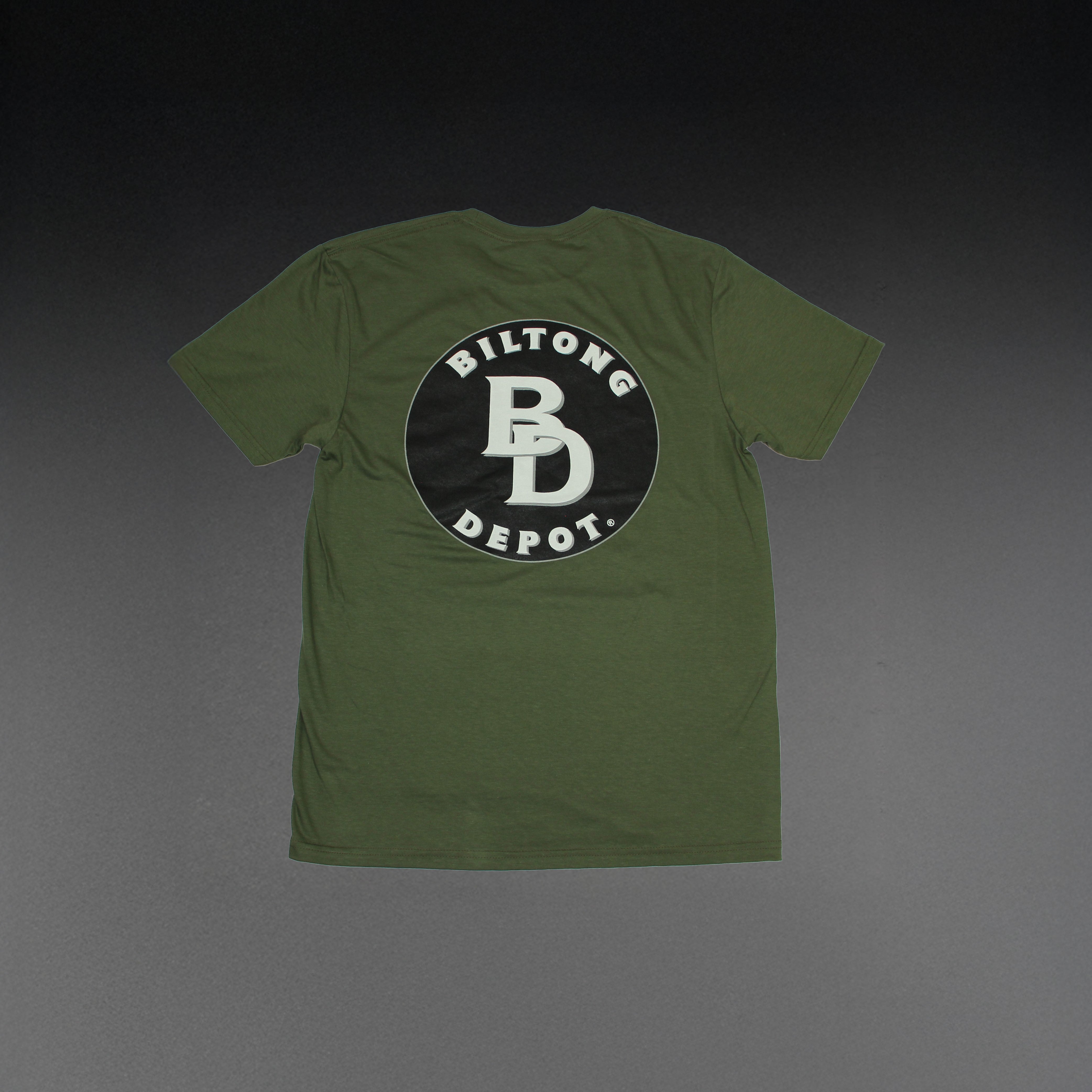 green cotton gildan softsyle tshirt with biltong depot logo on back