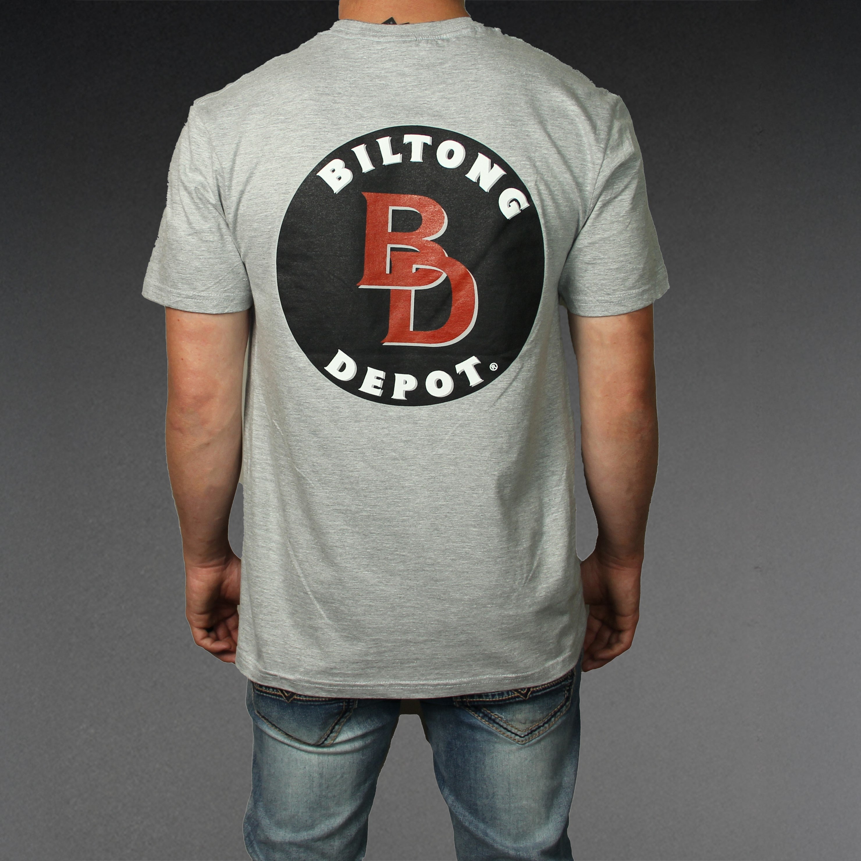 grey cotton gildan softsyle tshirt with black biltong depot badge logo